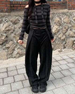 [Scarf Set] Striped Border Off-Shoulder T-Shirt