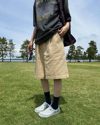 (Unisex) Cotton Wide Half Pants with Drawstring Waist