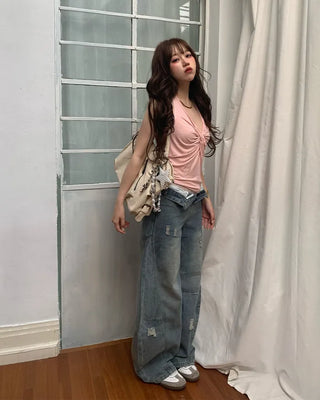 Washed distressed wide-leg denim pants