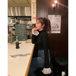 Sleeve lace color-block T-shirt