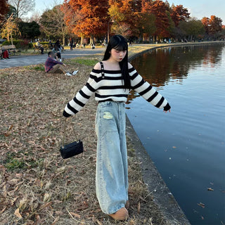 Shoulder slit striped knit
