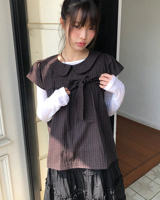 Ribbon check short-sleeved blouse