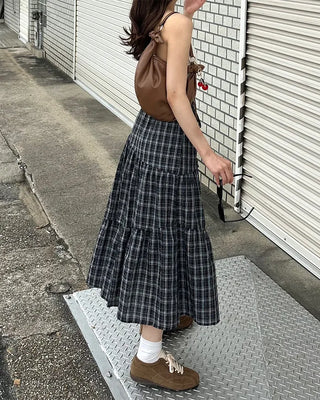 Checked frill long skirt