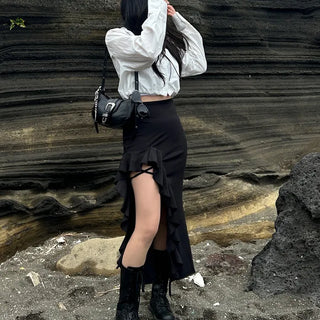 Frilled asymmetrical long skirt