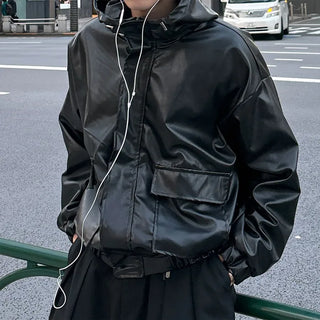 Leather hooded pocket jacket