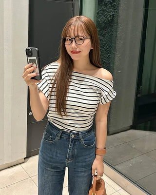 Asymmetrical Off-Shoulder Striped T-Shirt