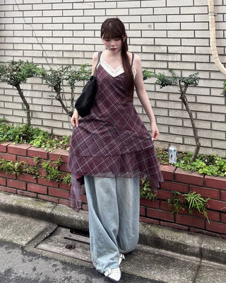 Asymmetrical check camisole dress
