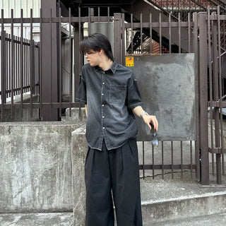 (Unisex) Washed Denim Short-Sleeve Shirt