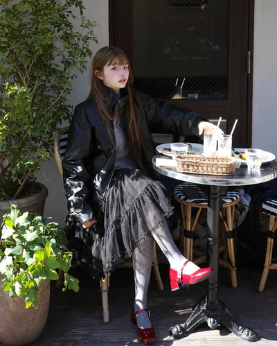 High-neck leather jacket
