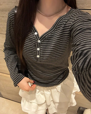 Jewel Neck Border Long Sleeve T-Shirt