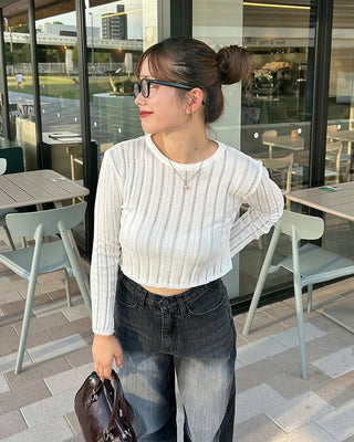 Ribbed Shirring See-Through T-Shirt