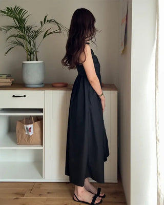 Side-tucked flared long dress