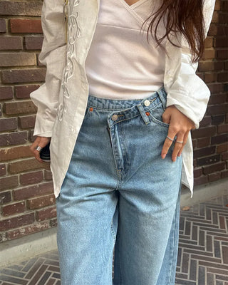 Asymmetrical wide-leg denim pants