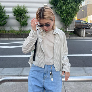 Striped long-sleeved cropped shirt