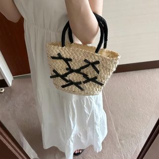 Ribbon Rattan Tote Bag