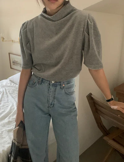 Velour puff sleeve short-sleeved blouse T-shirt