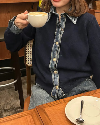 Denim-colored neck knit cardigan