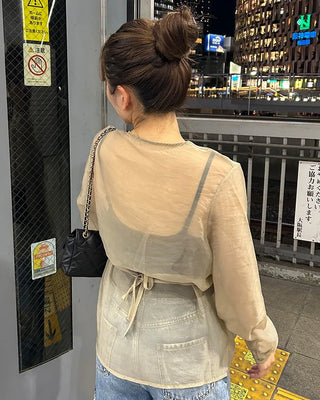 See-through balloon button blouse