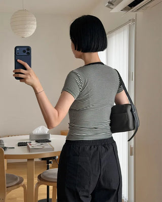 Ribbed Border Slim Short-Sleeve T-Shirt