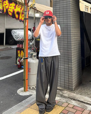 Wide-leg slacks with inner hooks and pleats