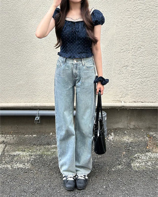 (Set) Polka Dot Puff Blouse and Scrunchie