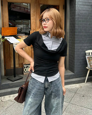 Drape neck layered short-sleeved shirt