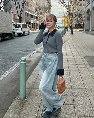 Side-tuck wide denim pants