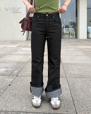 Low-rise striped flare denim pants