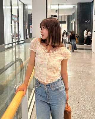 Frill puff sleeve short-sleeved blouse