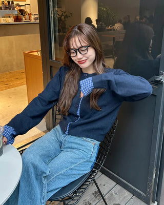 Checked two-tone knit cardigan