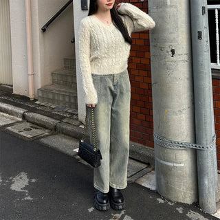 Fleece-lined wide-leg denim pants