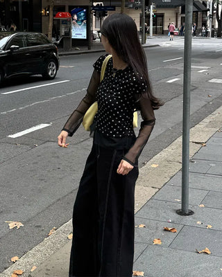 Dot lace layered short-sleeved T-shirt
