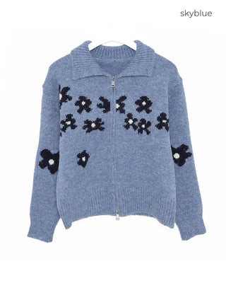 Flower-point color knit zip-up