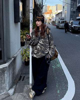 Camouflage Waffle Henley Neck Long T-Shirt