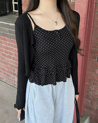 Cup-attached polka dot ruffle lace camisole