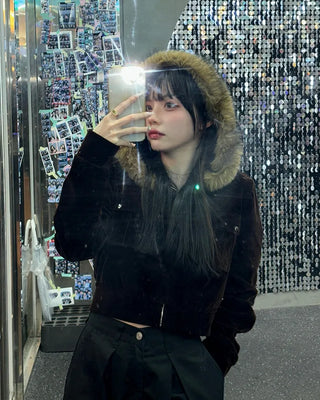 Velvet fur hooded cardigan