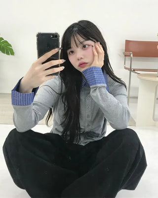 Checkered shirt layered gathered cardigan