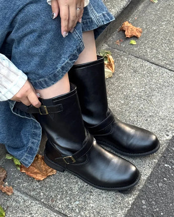 Belt-point mid-calf boots