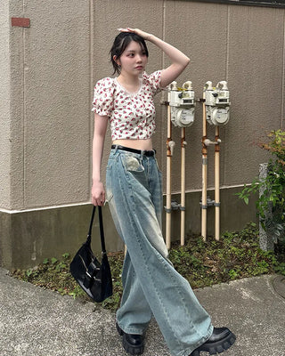 Flower Button Cropped T-Shirt