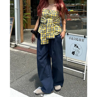 Checked Ribbon Shirt Tube Top