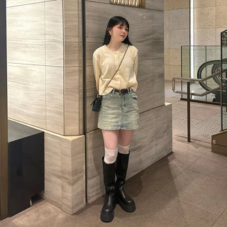 Belted denim mini skirt