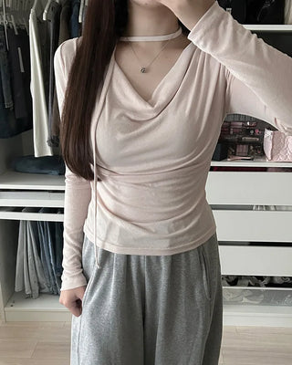 Drape neck strap point long sleeve shirt