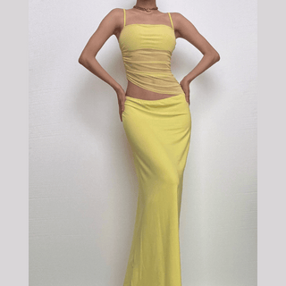 Ruched mesh irregular cami maxi skirt set