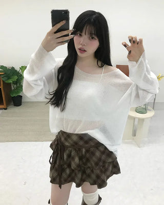 Ribbon check tiered mini skirt