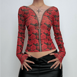 Long sleeve round neck rose print sheer mesh top