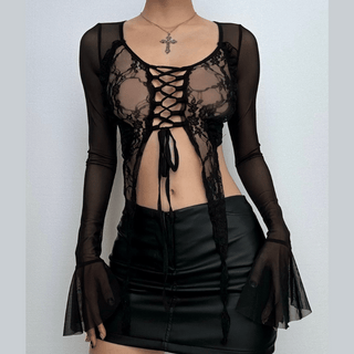 Long flared sleeve mesh see through lace up crop top