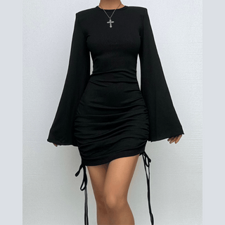 Long flared sleeve crewneck padded drawstring mini dress