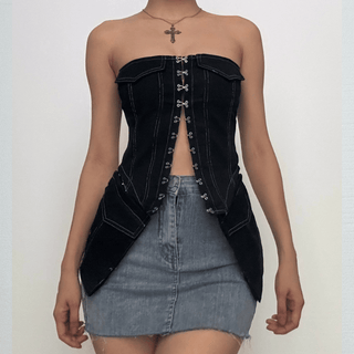 Stitch pocket button contrast backless denim tube top