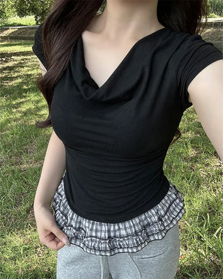 Checked frill shirred half-sleeve T-shirt