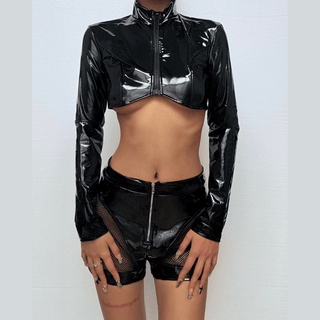 Long sleeve PU leather zip-up turnover collar pant set